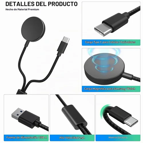 Vista 3 de Cargador magnético 2 en 1 USB-C para Samsung Galaxy Watch 7/6/5/4/3/Classic, Pro 5/4, Active Watch 2/1, Galaxy Buds/Live/+, cable de carga rápida