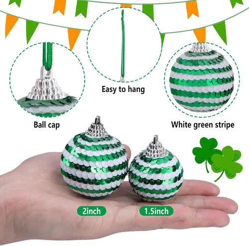 Vista 3 de Bolas colgantes de lentejuelas para el día de San Patricio, adorno de bola de trébol irlandés con purpurina de 1.96 pulgadas, bola colgante
