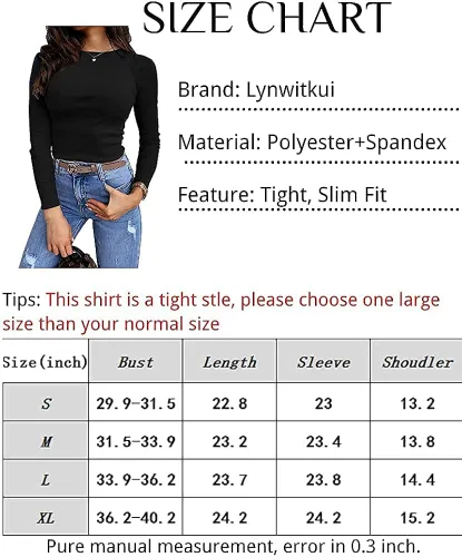 Vista 4 de Lynwitkui Blusa de manga larga para mujer elástica entallada acanalada con corte liso básica
