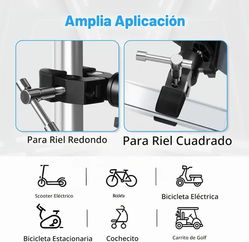 Vista 6 de Soporte de teléfono con abrazadera para carrito de golf, soporte universal de metal para manubrio, abrazadera de montaje para golf, cochecito