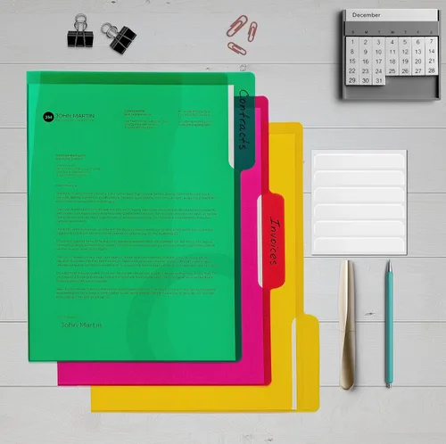 Vista 4 de Better Office Products Poly Project - Bolsillos para documentos, paquete de 18, pestañas de corte de 1/3, fundas de plástico para papel