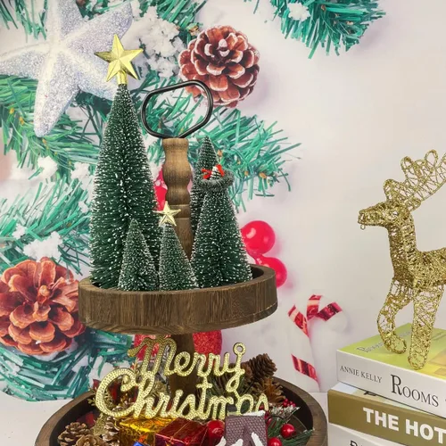Vista 5 de mini Christmas Tree Bottle Brush Christmas Trees with Wooden Bases Christmas Decorations for Party Table top decer Christmas Tree （5pcs） Verde