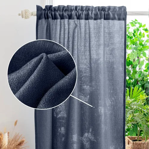 Vista 3 de Yancorp - Cortinas cortas de lino azul marino texturizado - Estilo cafetería de granja, 61 cm x 61 cm, para ventanas pequeñas en baño, cuarto