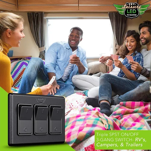 Vista 9 de Moderno interruptor de encendido y apagado triple SPST con bisel, 12 voltios, para RV, remolque, cámper, con etiqueta adhesiva (negro)