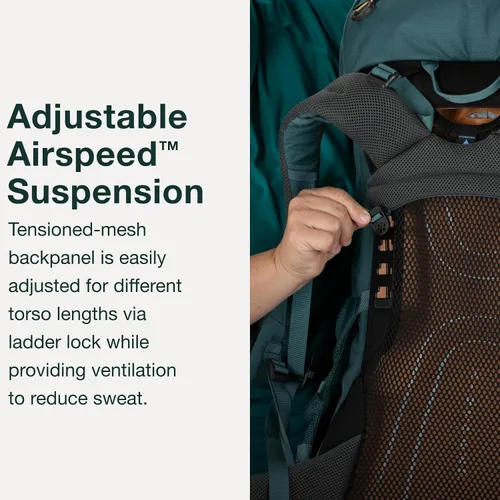 Vista 4 de Osprey Renn 50L - Mochila de senderismo para mujer, Azul Cascada/Naranja Melón