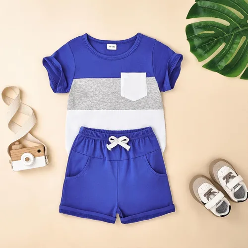 Vista 26 de Ropa para bebé niño pequeño, trajes de verano de manga corta, camiseta de retazos y pantalón con bolsillo, conjunto de 2 piezas, 12 meses a 4 años
