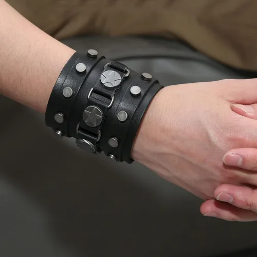 Vista 2 de Pulsera ancha de cuero con cinturón ancho para hombre, estilo punk, rock, moto