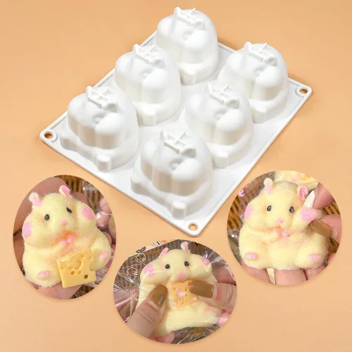 Vista 2 de Molde de silicona 3D para pastel de mousse, molde de silicona con forma de animal de hámster, 6 cavidades, molde de silicona flexible de fácil