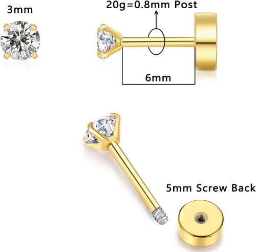 Vista 3 de 3mm Tiny CZ Flat Back Stud Earrings,14K Gold Small Screw on Cubic Zirconia Earrings for Cartilage Helix Tragus Piercing Jewelry Gift for Women Girls