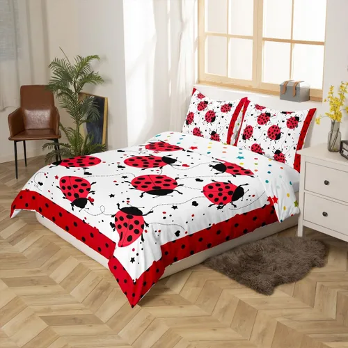 Vista 2 de Juego de ropa de cama de mariquita roja, tamaño individual, funda de edredón de mariquitas de dibujos animados para niños y niños, bonita funda
