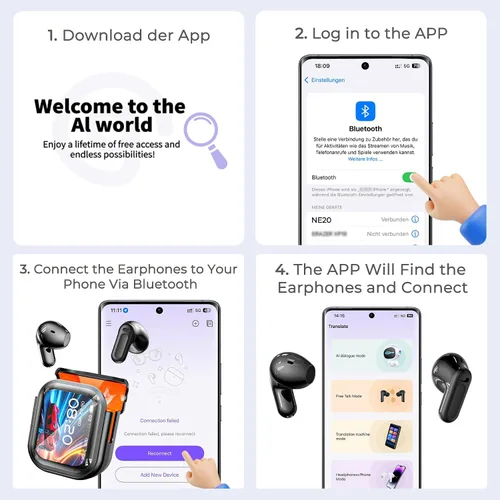 Vista 9 de Auriculares NE20 AI Translation en tiempo real, 165 idiomas Traductor Auriculares con 9 modos de traducción/Sin suscripción, Auriculares
