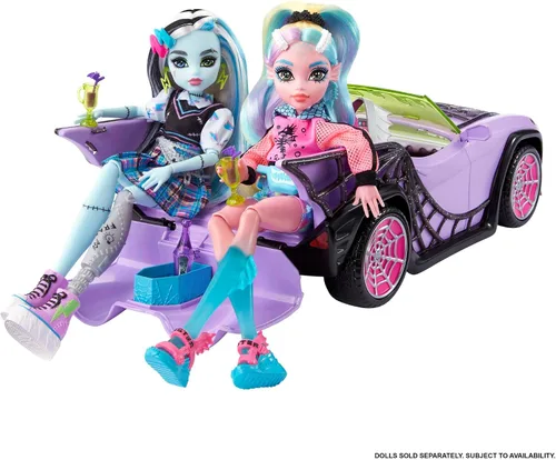 Vista 7 de Coche de juguete Monster High, vehículo Ghoul con accesorios para mascotas y enfriadores, convertible púrpura con detalles de telaraña