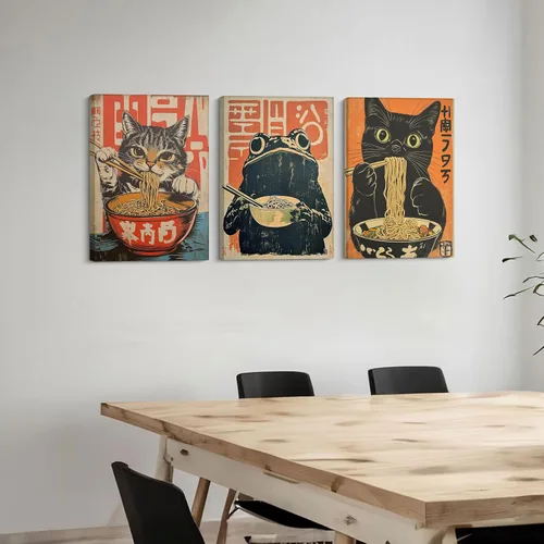 Vista 4 de 3 piezas de arte de pared de lienzo de gatos negros japoneses comiendo ramen Arte divertido de gatos y ranas Pintura de imagen de pared Decoración