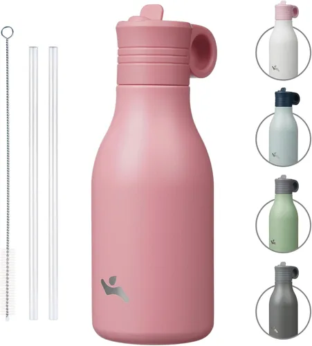 Vista 28 de Konokyo Botella de agua de acero inoxidable de 12 onzas con popote, botella de agua de viaje de metal aislada, reutilizable y a prueba de fugas, sin