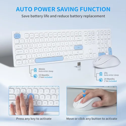 Vista 4 de HUO JI Combo de teclado y mouse inalámbricos, teclado silencioso de tamaño completo inalámbrico de 2.4G sin retrasos para computadora, Mac, PC