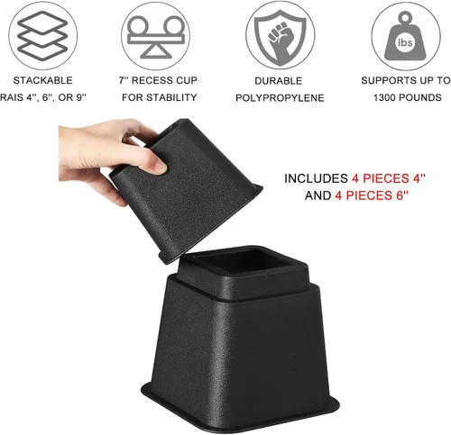 Vista 3 de TOPROAD Elevadores de muebles de cama ajustables, elevadores de cama apilables en alturas de 4, 6 o 9 pulgadas, elevadores de muebles resistentes