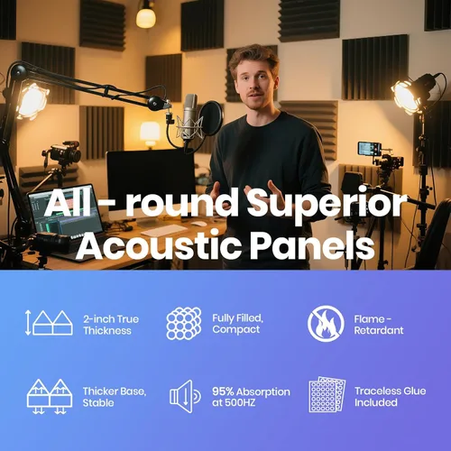 Vista 6 de Paneles acústicos, paquete de 24 unidades de 2 x 12 x 12 pulgadas con 120 adhesivos de doble cara, espuma piramidal a prueba de sonido para paredes