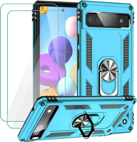 Vista 16 de Funda para Google Pixel 6a con protector de pantalla de vidrio templado [2 unidades], funda protectora de grado militar a prueba de golpes con Negro