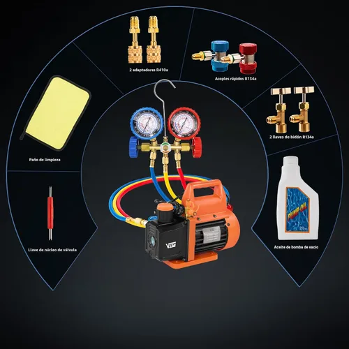 Vista 7 de VTG VOGTEN Bomba de Vacío AC de 4.5 CFM y Juego de Manómetros, para Sistemas Mini Split/HVAC/Auto, Kit de Manómetro Múltiple Compatible con R134a