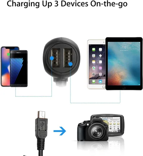 Vista 4 de Cargador de cámara para salpicadero, cable de alimentación USB, micro USB y cable mini USB, para cámara de tablero y cable de alimentación