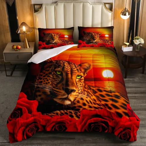 Vista 36 de Erosebridal Juego de ropa de cama de guepardo con rosa azul, juego de edredón con estampado de leopardo y gato, edredón romántico de plumón