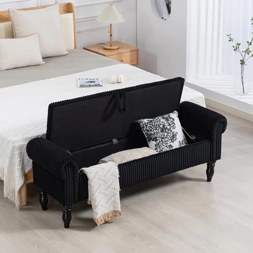 Vista 14 de Banco tapizado de pana de 55 pulgadas con brazos enrollados para dormitorio, color blanco