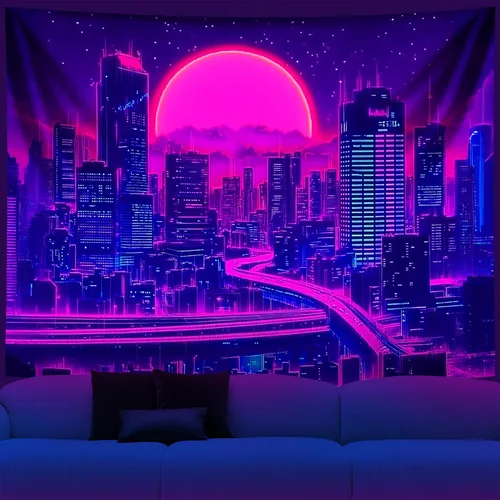 Vista 9 de NYZE Tapiz de luz negra de ciudad, tapiz de anime japonés, juego punk, fantasía, vista nocturna, paisaje urbano, arte futurista, neón, tapices
