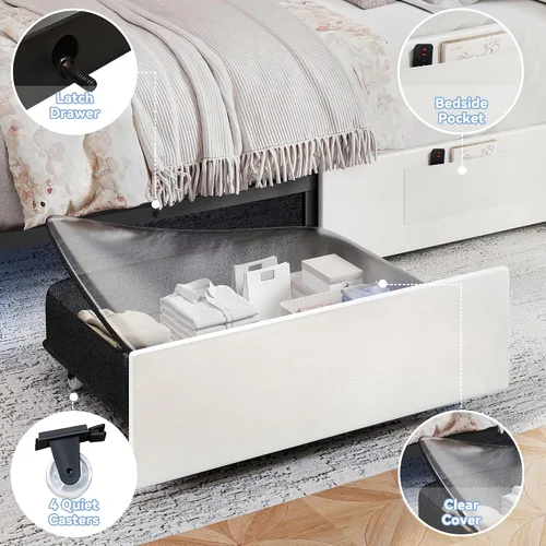 Vista 5 de Torana - Base de cama con luces LED, cabecero ajustable y 2 cajones, color blanco PU
