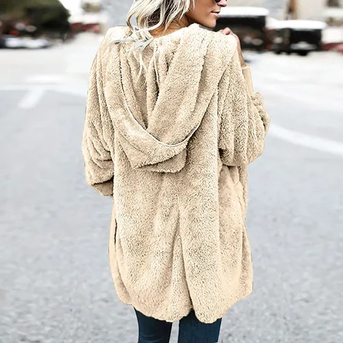 Vista 6 de Womens Jackets Open Front Hooded Coat Oversized Pocket Cardigan Long Sleeve Plush Clothes Warm Pullover Winter Outfits
