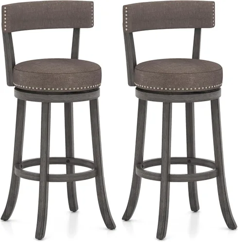 Vista 13 de COSTWAY Taburete de bar giratorio de 27 pulgadas, con respaldo acolchado y patas de madera de goma, silla de desayuno para isla de cocina