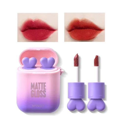 Vista 12 de Juego de 2 lápices de labios mate, a prueba de agua, acabado terciopelo de larga duración, humectante, para labios, doble color, brillo de labios