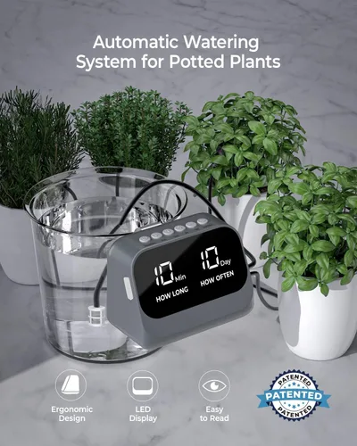 Vista 2 de Riego automático para plantas en maceta, utilizando un temporizador programable inteligente, cuenta con una pantalla LED impermeable, una batería