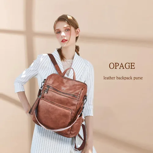 Vista 19 de OPAGE - Mochila de cuero para mujer, con borla de moda, bolso de hombro, mochila grande, bolsa de viaje, gris, L