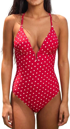 Vista 23 de CUPSHE Traje de baño de una pieza para mujer, cuello en V profundo, espalda entrecruzada con tirantes delgados ajustables Beige/Negro Wave