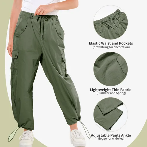 Vista 6 de Rolanko Pantalones de paracaídas para niñas, pantalones cargo Y2K con bolsillos, pantalones deportivos Harajuku para niños de 4 a 14 años