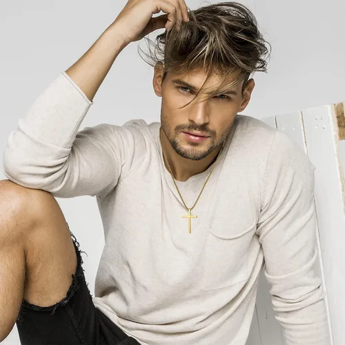 Vista 6 de FULULAY Collar de cruz para hombre, pequeño mediogrande de acero inoxidable con colgante de cruz lisa para niño, cadena Rolo de 16-24 pulgadas