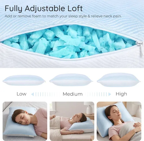 Vista 4 de pillosophy Almohada Loft ajustable original • Relleno de espuma viscoelástica triturada con gel • Funda refrescante lavable de doble cara • Perfecto