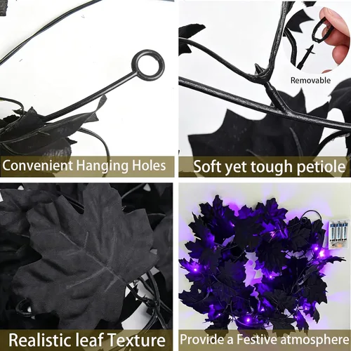 Vista 5 de Halloween Decor-2Pcs Black Maple Leaf Garland,Battery Operated String Light 6.5 Ft 30LED Purple Lights for Fireplace,Porch,Table,Wall,Party,Indoor