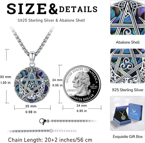 Vista 4 de Collar de pentagrama de plata de ley con triple luna, diosa celta, nudo celta, nudo de brujas, Ankh, sol y luna, Hécate, lilith, Santa Muerte