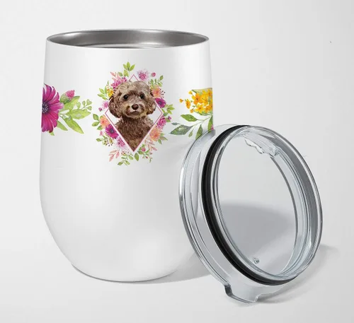 Vista 71 de Caroline's Treasures CK4110TBL12 Afghan Hound Pink Flowers - Vaso de vino aislado de acero inoxidable de 12 onzas con tapa, bonita taza de viaje