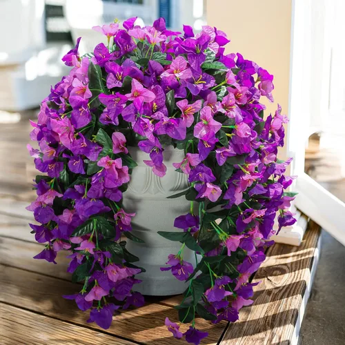 Vista 18 de Flores artificiales de Bouganville falsas para decoración al aire libre, 2 piezas de flores falsas de seda con vides largas colgantes resistentes a