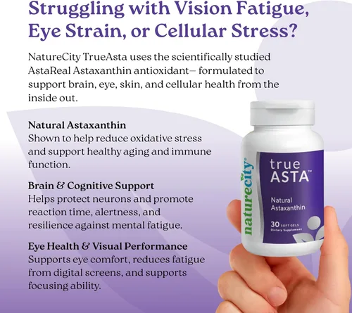 Vista 4 de NatureCity TrueAsta Suplemento de astaxantina de 6 mg con AstaReal Apoya los ojos, la piel, las articulaciones, los músculos, el cerebro
