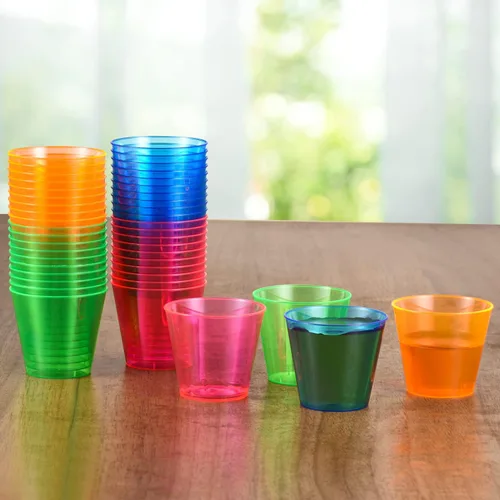 Vista 5 de 250 vasos desechables de plástico, vasos de fiesta multicolor neón de 1 onza, vasos desechables de plástico duro para margarita, whisky
