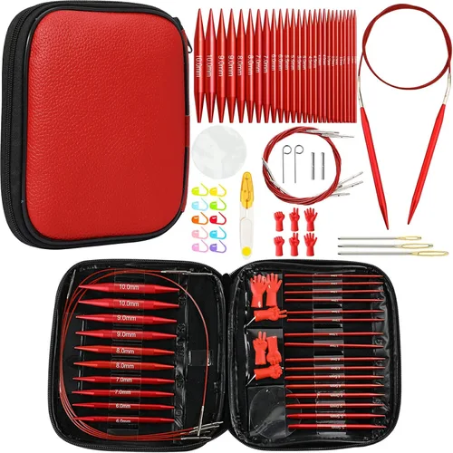 Vista 8 de Looen Juego de 57 agujas de tejer circulares de aluminio con asas ergonómicas, agujas de ganchillo intercambiables de 13 tamaños con estuche