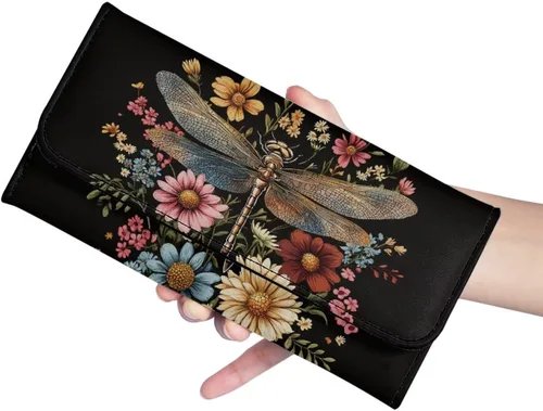 Vista 5 de AFPANQZ Carteras de bolsillo para mujer, diseño de libélula 3D, de cuero, con ranuras para tarjetas múltiples, elegante cartera con cierre