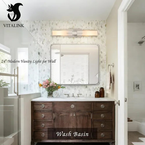 Vista 7 de VitaLink Lámpara de tocador de baño de 24 pulgadas, níquel satinado, 2 luces de vidrio esmerilado para baño, accesorios de iluminación cableados