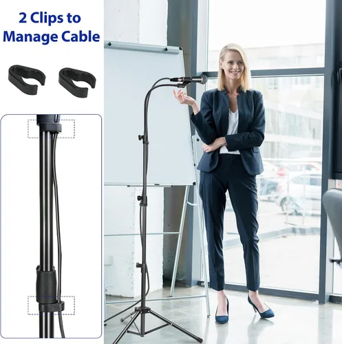 Vista 5 de Soporte para Micrófono, Soportes de Micrófono de Brazo Trípode con Cuello de Cisne, Soporte de Micrófono de Altura Ajustable de 24" a 67" con 2