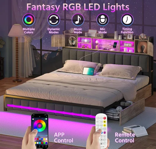 Vista 7 de CSZZD Base de cama Queen con 4 cajones de almacenamiento y cabecera de estantería, marco de cama LED tapizado Queen con estación de carga tipo C
