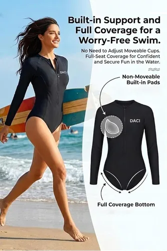 Vista 5 de Daci Trajes de baño de una pieza de manga larga para mujer, con protección Negro 1