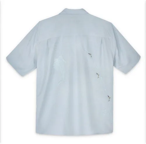 Vista 2 de Bamboo Cay Camisa de campamento bordada estilo tropical Shake The Hook para hombre, Azul Patchwork